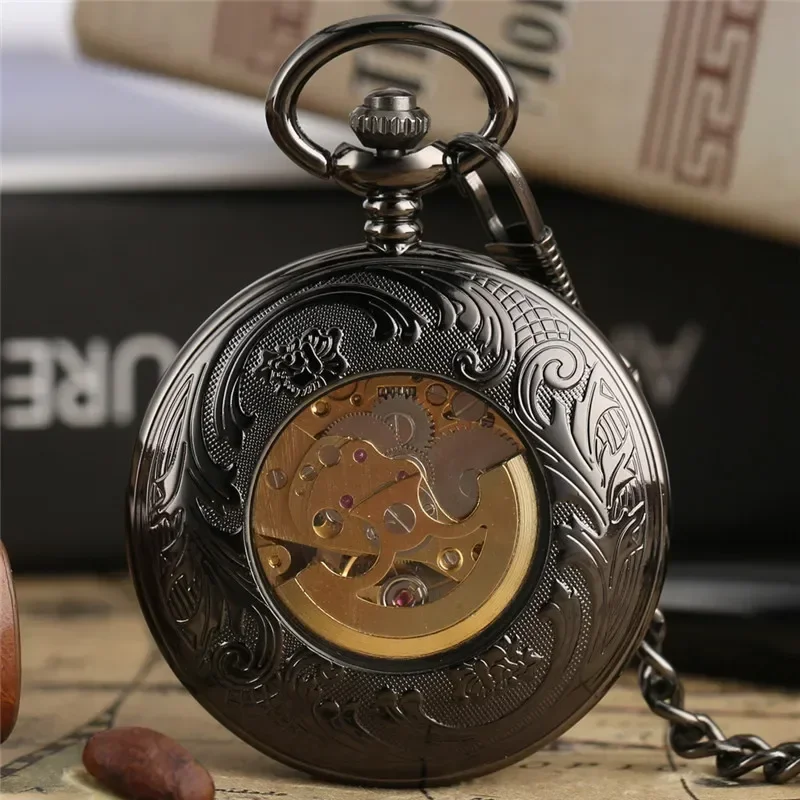 Retro Pocket Watch Carving Roman Numerals Hollow Automatic Mechanical Watches for Men Women Pendant Chain Collectable Clock