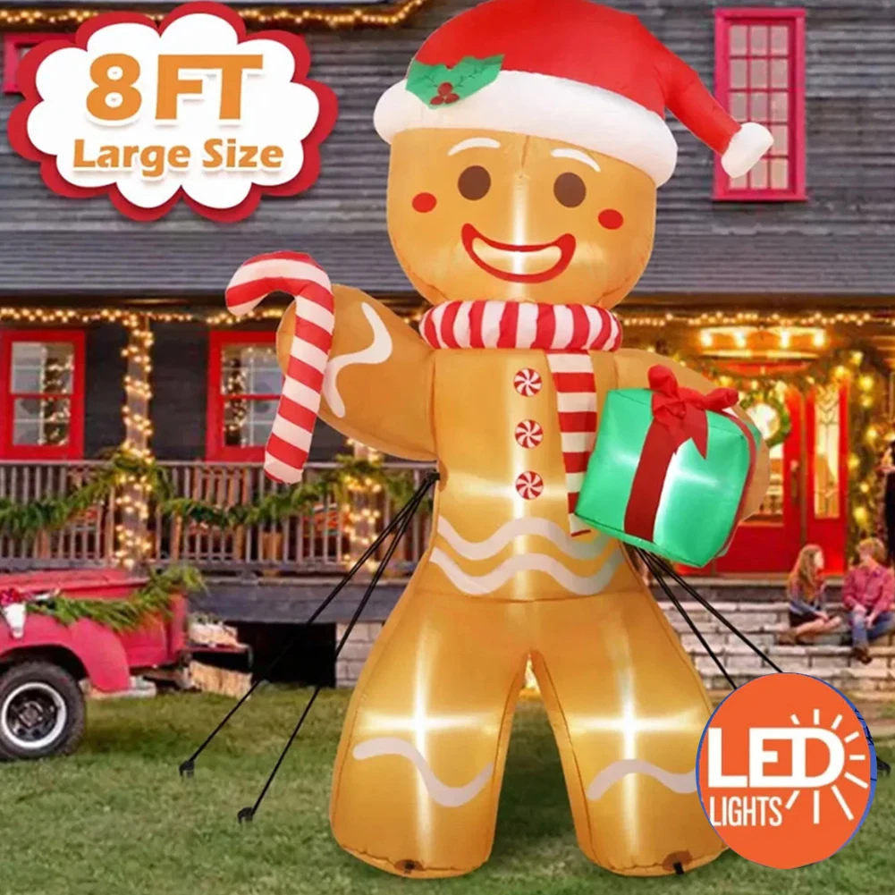 

8FT/2.4M Christmas Inflatables Gingerbread Man with Gift Pack Outdoor Decorations Xmas Yard Decorations with LED Lights for Lawn