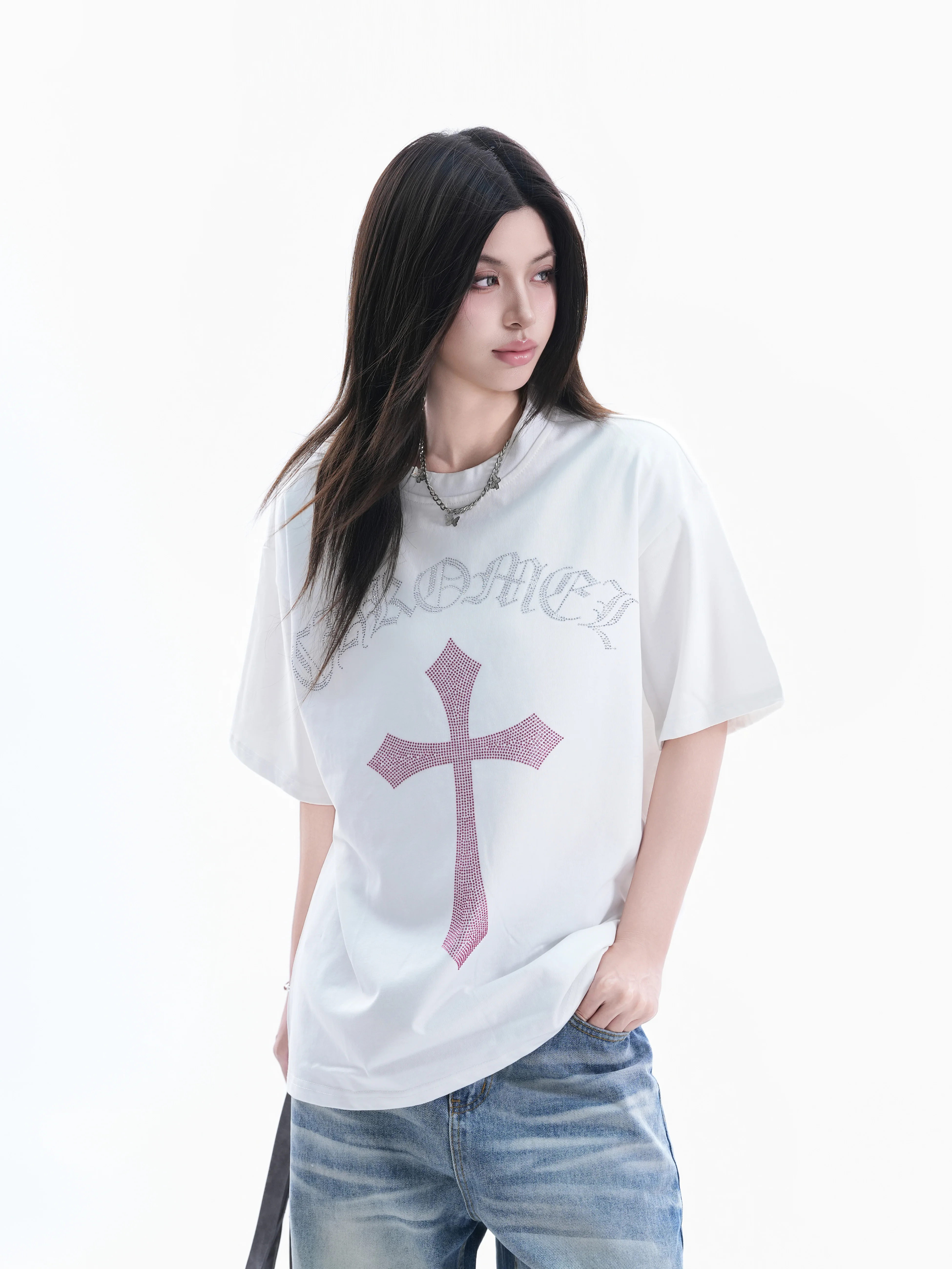 

Retro Gothic Letter Print Loose Short Sleeve T-Shirt Women's Cotton Couple Tops Glitter Ball Ball Heat Transfer T-Shirt
