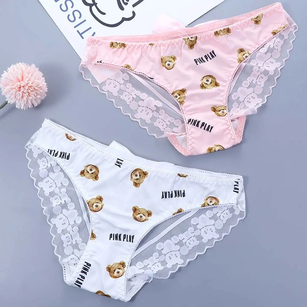 Bragas de encaje de cintura baja con volantes para mujer, lencería Sexy con estampado de oso lindo Kawaii, bragas de entrepierna de malla