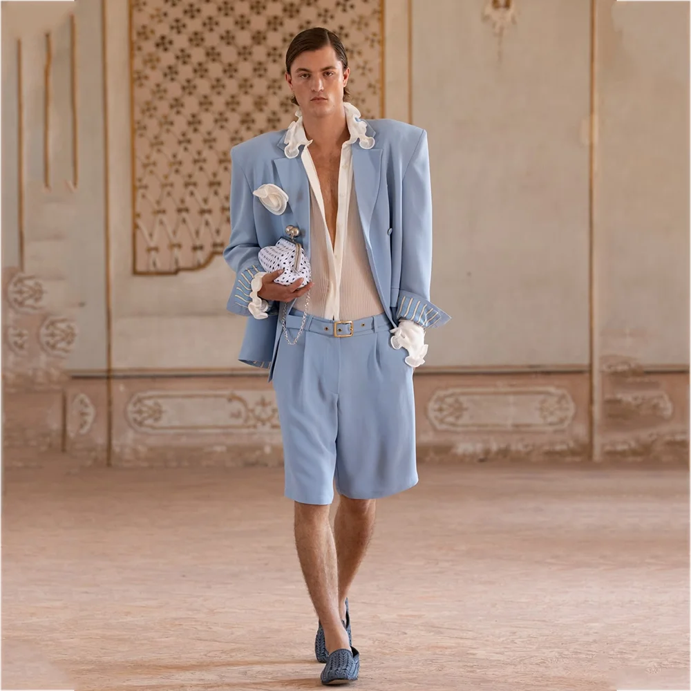 Light Blue Men's Suit Oversized Trendy Notch Lapel Blazer Short Pants Set Fashion Runway Style Male Outfit Party Stage Custom
