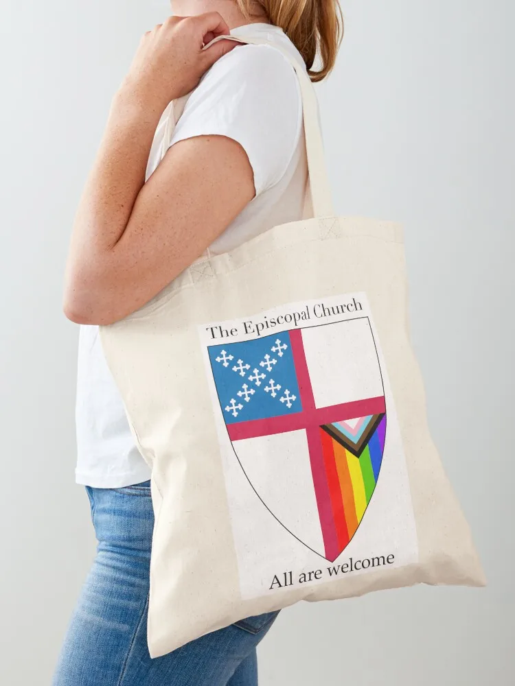 

Episcopal Church Shield with Progressive Pride Flag Vertical Rainbow - All Are Welcome 1 Tote Bag Woman shopper bag Lady bags