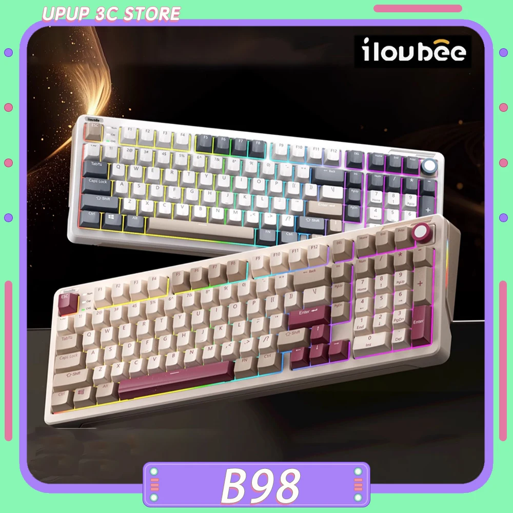 

Беспроводная механическая клавиатура iLovbee B98, игровая клавиатура с поддержкой Bluetooth, RGB, 3 режима, поддержка горячей замены, ПК