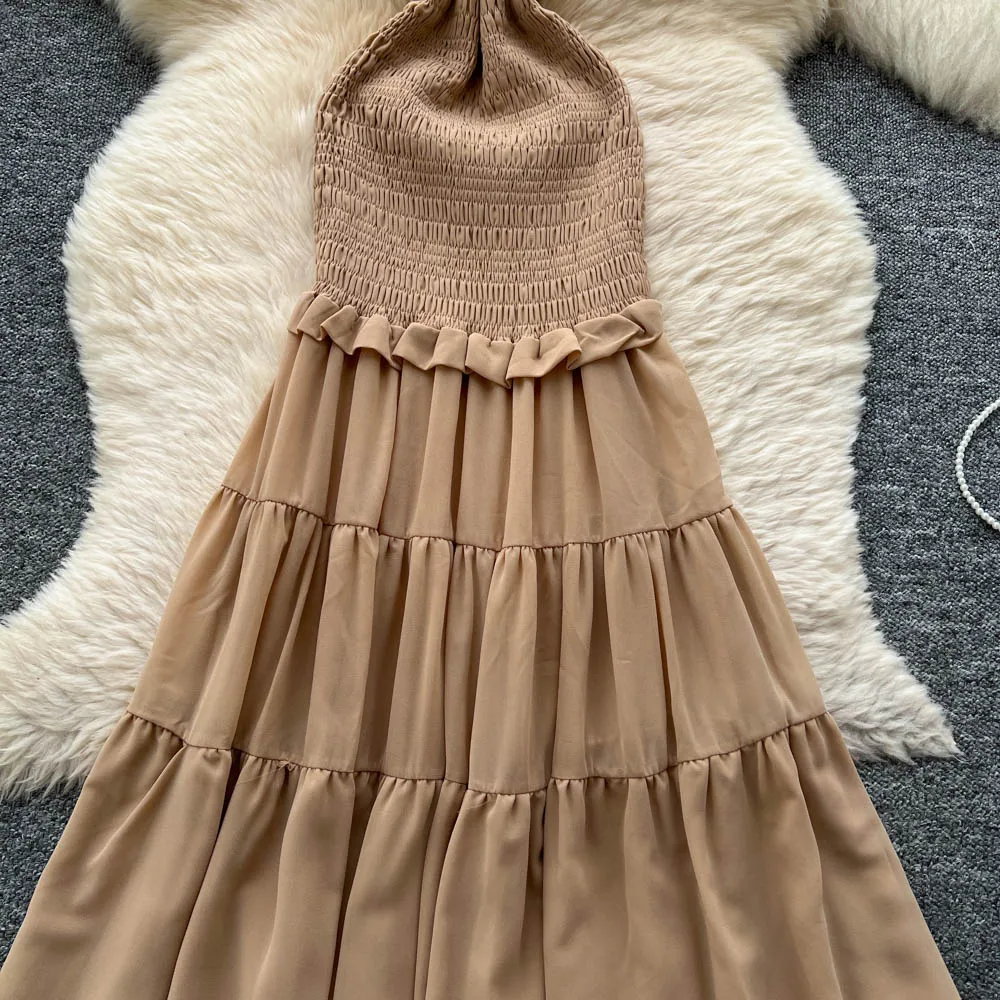 Verão elegante vestido de babados para mulheres em camadas bolo vestidos slash neck boêmio fino chiffon magro vestidos femininos novo em 2025