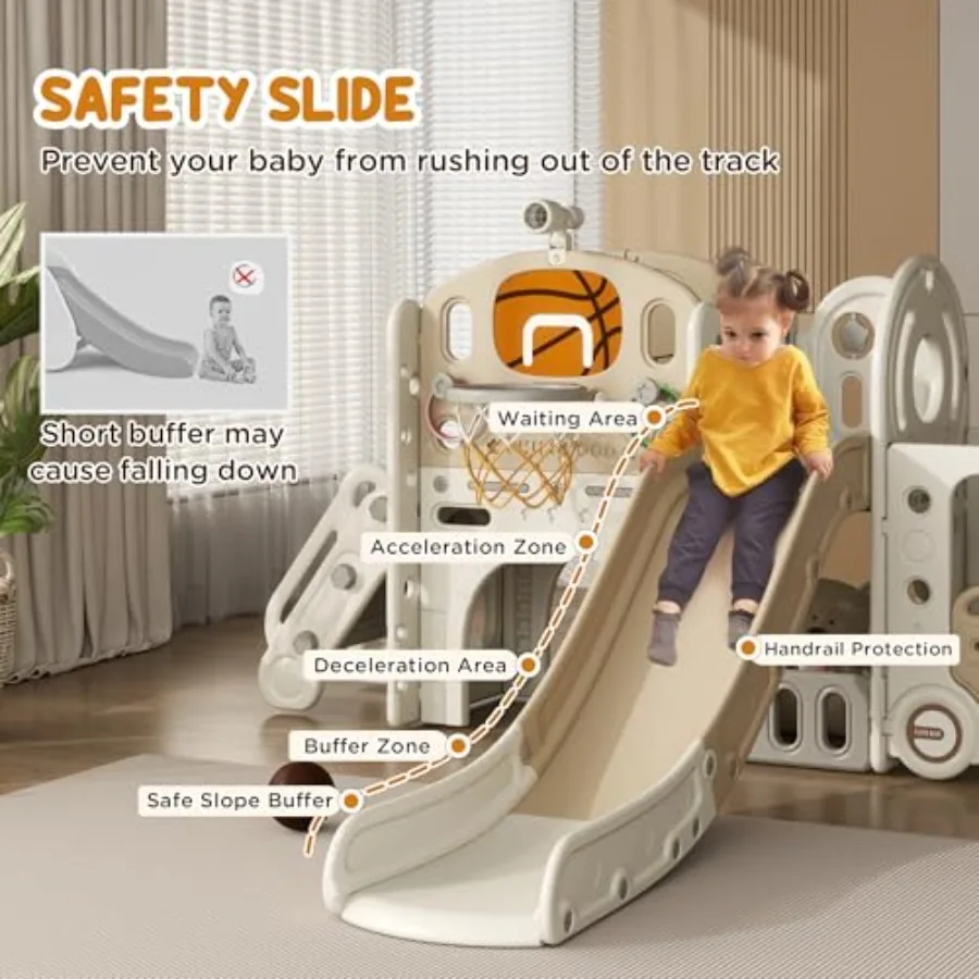 9 in 1 Toddler Slide Indoor Slide for Ages 16 Car Themed Baby Slide with Basketball Hoop Climber Storage Space Ring Toss Telesc