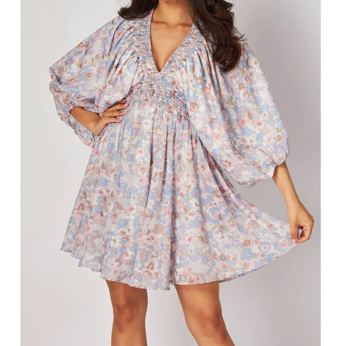 Mini abito da donna elegante autunno al ginocchio manica lunga scollo a V profondo stampa floreale abito da festa abiti traspiranti