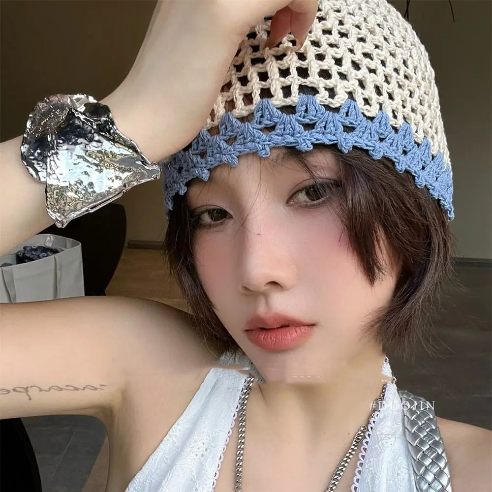 Gorro informal hecho a mano con flores de ganchillo, gorros finos de estilo bohemio, gorro de punto calado de estilo étnico coreano para exteriores