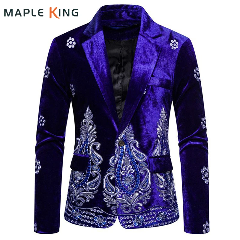 Mens Floral Blazer Masculinos Blue Velvet Americana Hombre Elegante Luxury Embroidery Single Button Wedding Men Suit Jacket Coat