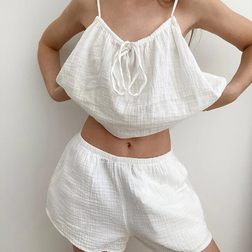 2025 Summer Sexy Halter Vest Pajamas Sleeveless Double Gauze Shorts Set Women's Home Clothes