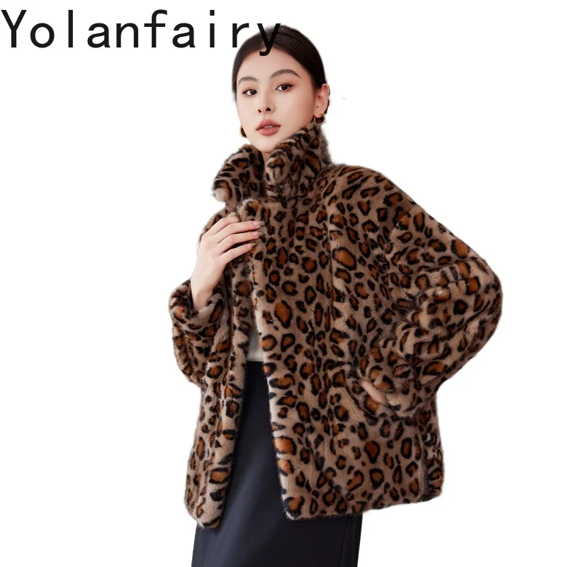 YOLANFAIRY معاطف الفرو الحقيقي للمرأة سترة فرو المنك 25 دعوى طوق موضة ليوبارد معطف فرو منك المرأة ملابس خارجية قصيرة Manteau