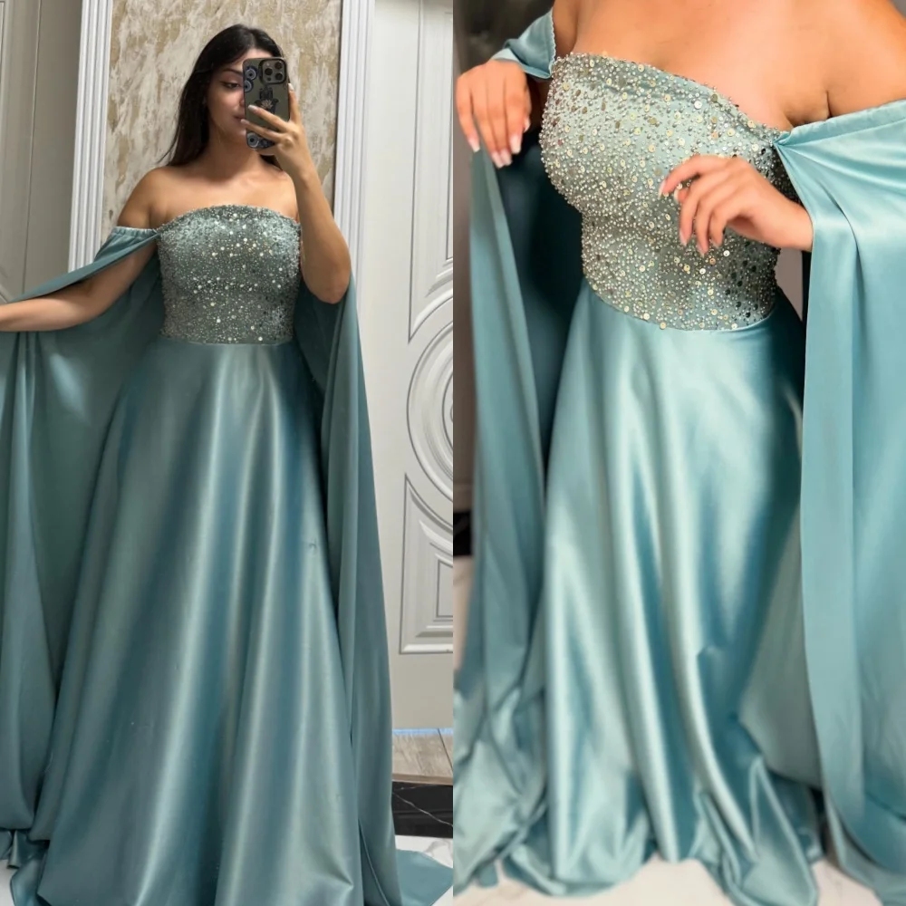 

Customized Classic Retro Charmeuse Pearl Beading Draped Sequined A-line Off-the-shoulder Long Dresses Bespoke Occasion Dresses