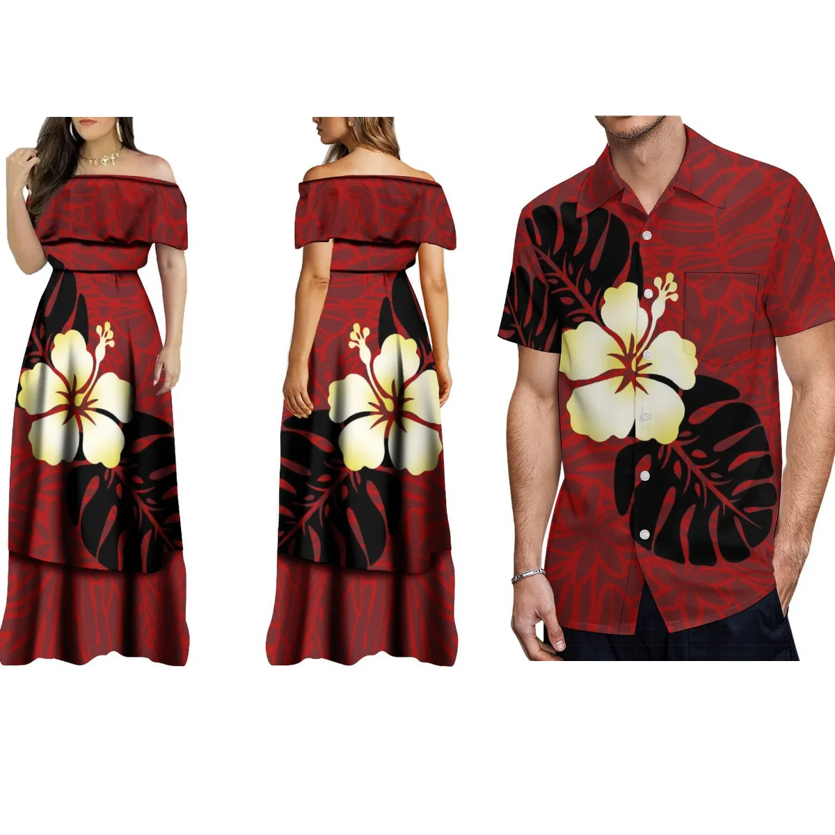 Heißes Sommer rotes Paar Set polynesische Insel Design Ethos Frauen schulter freies Kleid Party kleid mit Herren Freizeit hemd