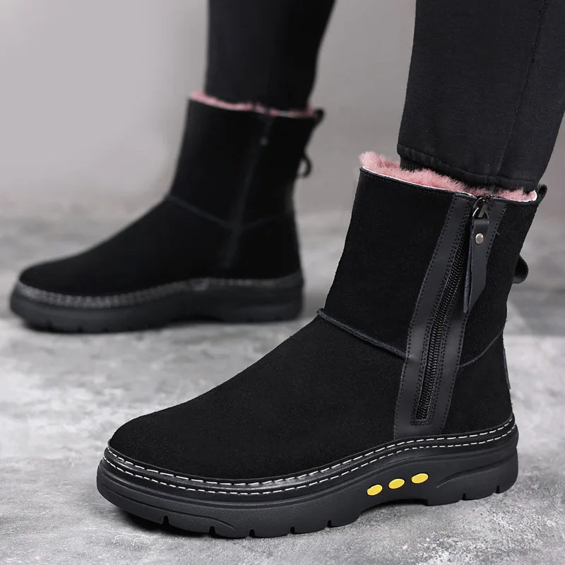 The New Winter Woolen Men's Snow Boots, Genuine Leather and Fleece Warm Outdoor High Boots, and Cotton Shoes for Men Are Trendy