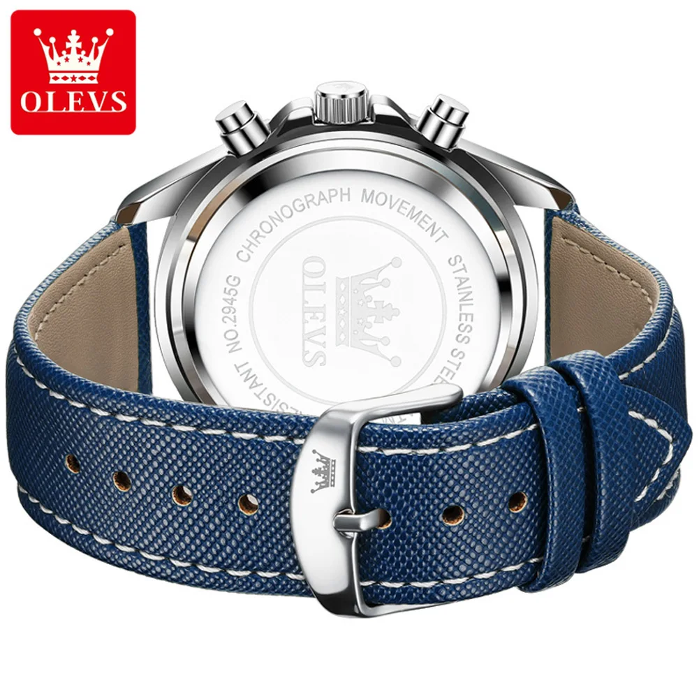 OLEVS New Fashion Blue Quartz Men Watches Leather Strap Waterproof Luminous Luxury Chronograph Watch Men Relogio Masculino