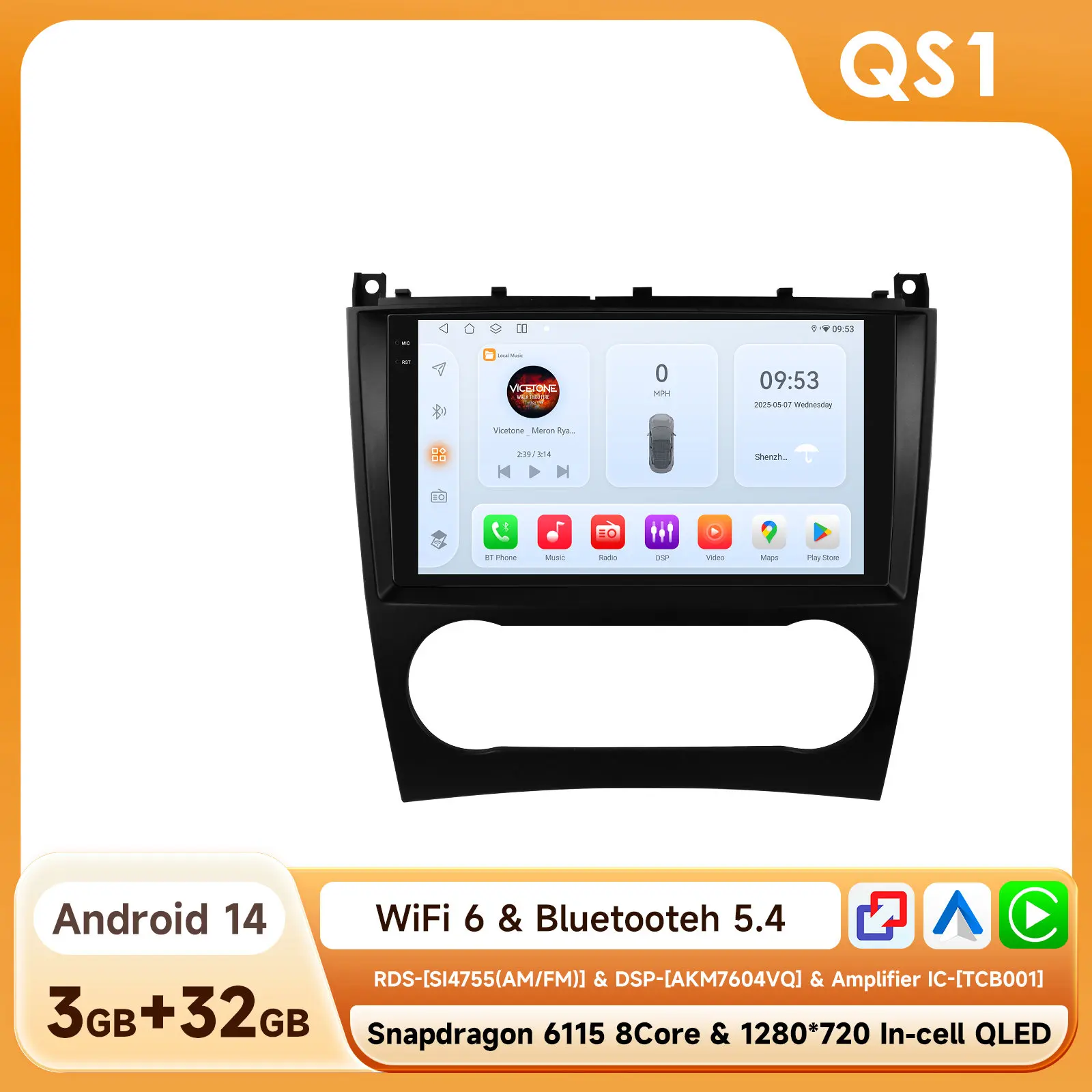 Hizpo 9 "Android 14 Autoradio Voor Mercedes Benz CLC W203 C-Klasse C180 C200 CLK200 CLK W209 Carplay 4G BT GPS Door Snapdragon 6115