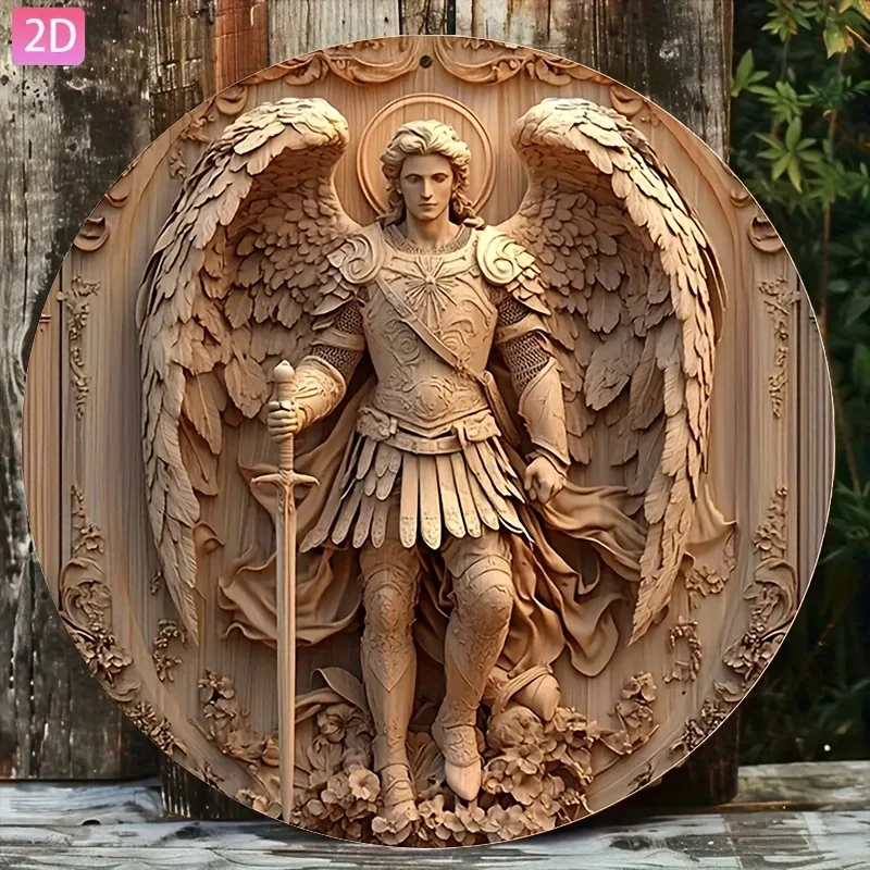 2D Flat - 2D Plane, Large Angel Michael Aluminum Wall Art - Vintage Design 2D Plane with Armor And Ornate Sword, 8X8 Inches Roun