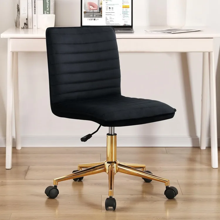 

Black Swivel Armless Desk Chair with Wheels, Small Velvet Upholstered Home Office Chair Mid-Back Adjustable Chair