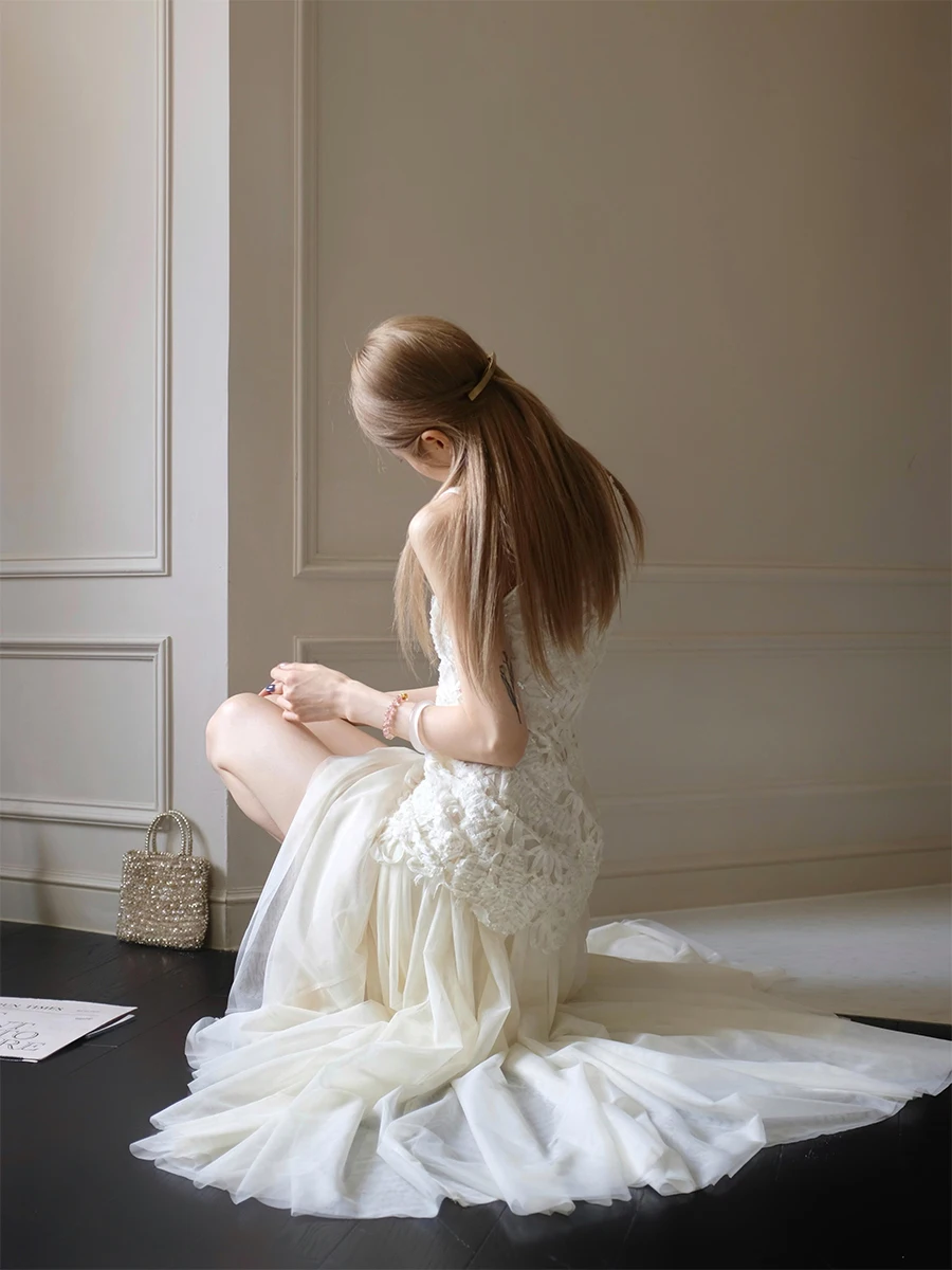 

Белое кружевное свадебное платье без рукавов, роскошное минималистичное платье для дня рождения, женское, на весну-лето-осень-зиму, силуэт А-линия