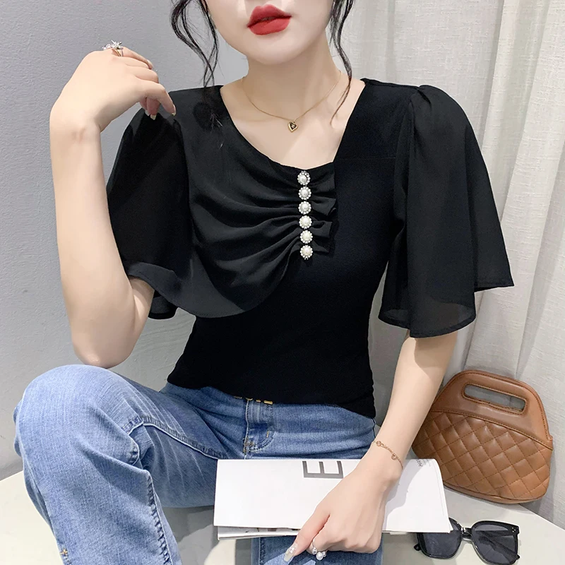 

2023 New Summer Korean Clothes Cotton T-Shirt Chic Sexy Patchwork Shiny Button Women Tops Short Sleeve Loose Casual Tees 34175