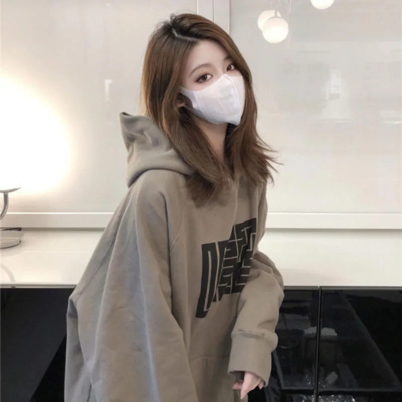 Autumn Letter Print Hoodies Women Vintage Winter Loose Hooded Shirt Grunge Street Sweatshirt Y2k Clothes Warm Oversize Pullovers