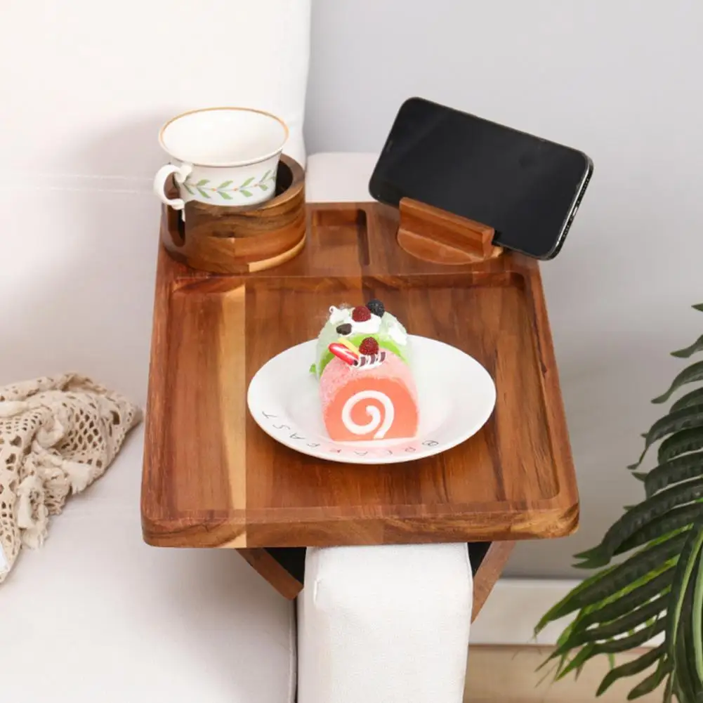 Couch Arm Tray Clip-on Sofa Food Tray with Cup Holder Phone Mount for High Stability Minimalist Style 3-in-1 Tray with Drink