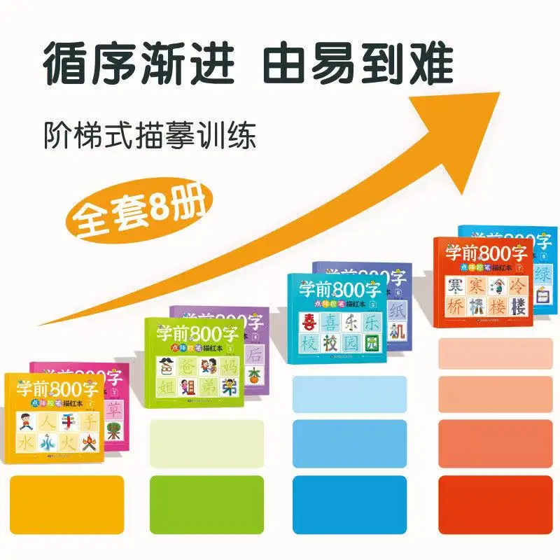 مجموعة كتب ما قبل المدرسة 800 ذات الحروف الصينية ذات السكتة الحمراء الكاملة 8 مجلدات النسخة الصينية
