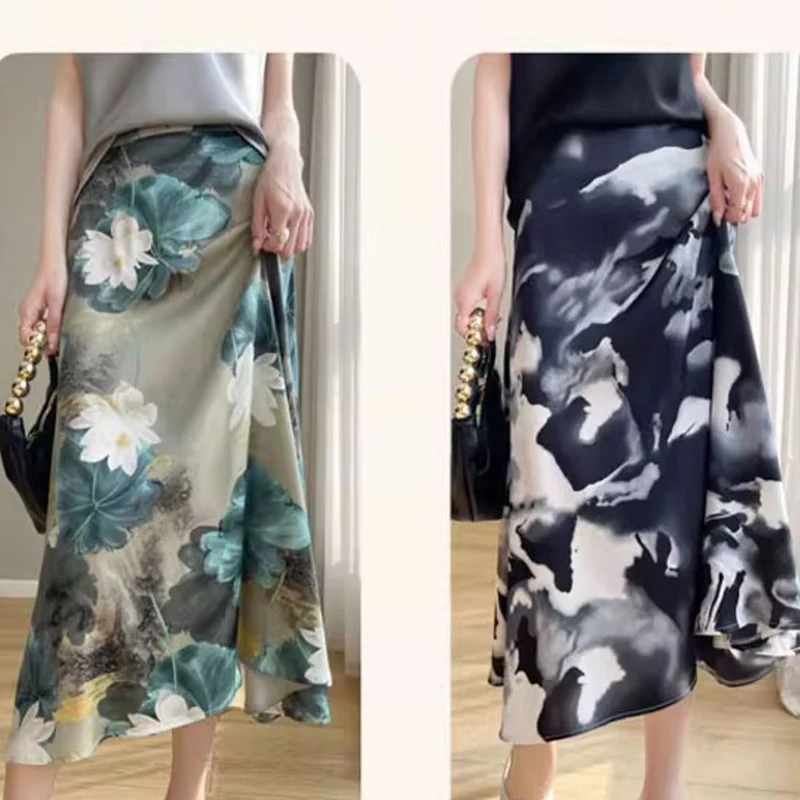 

Chinese Style Printed Skirt 2024 Summer New Acetate Satin High Waist Skirt High-end Texture Casual Skirt for Women