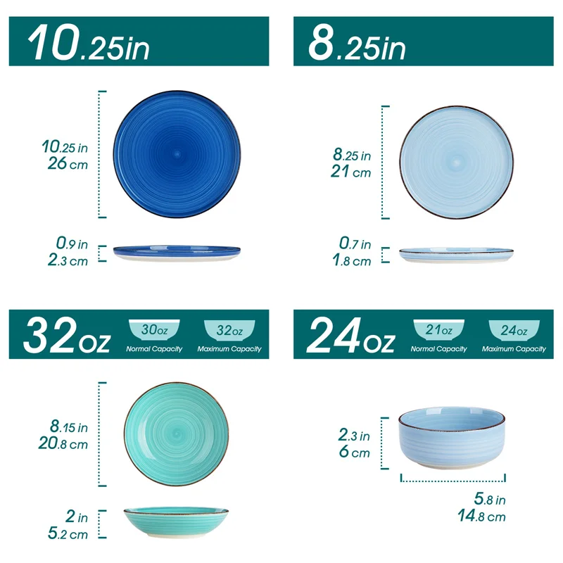 24Pcs Blue Green Plates Bowls Ceramic Dinnerware Set Handpainted Spirals Rice Fruit Salad Bowl Dessert Dinner plates Soup Plates