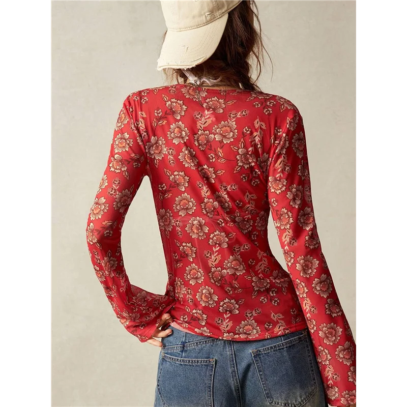

【Party-Decoration】Women's Long Sleeve Shirts Boho Floral Print Blouses Button Down V Neck Fitted Tops