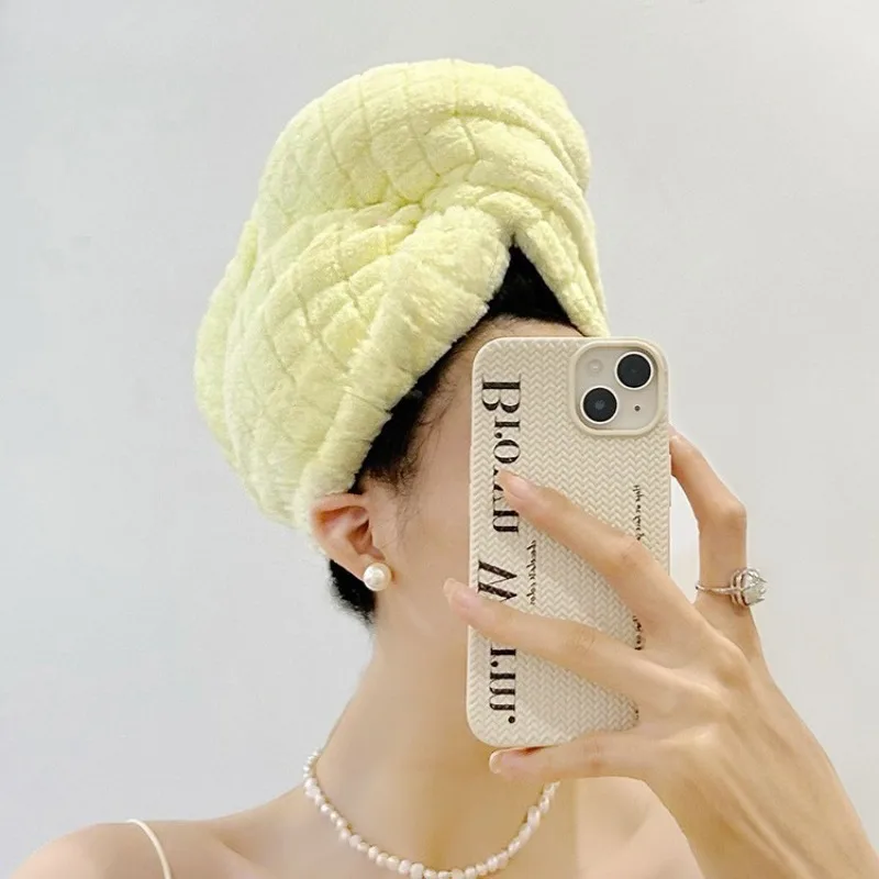 1PC Thickened Internet Celebrity Dry Hair Cap with Grid Pattern, Double-layer Super Absorbent Quick Drying Towel Shower