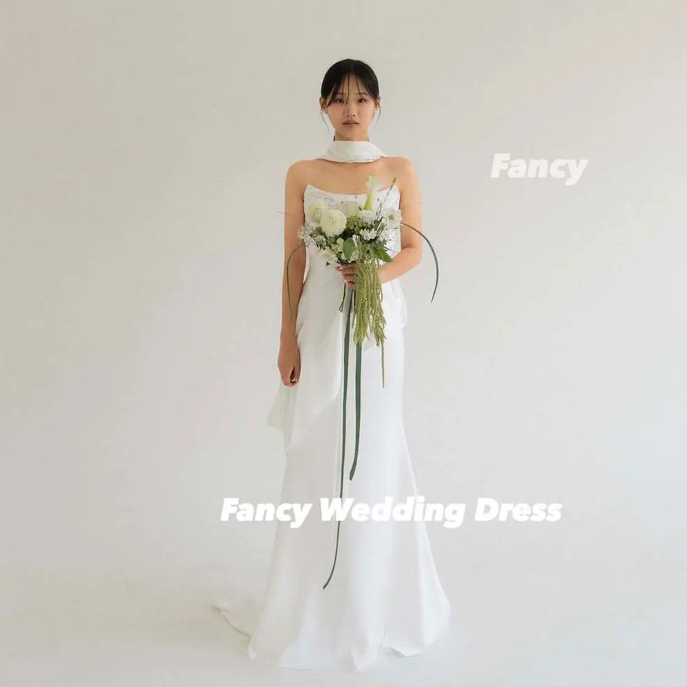 Fancy Simple Korea Strapless Wedding Party Engagement Dresses Photo Shoot Soft Satin Evening Dress Back Corset Customized