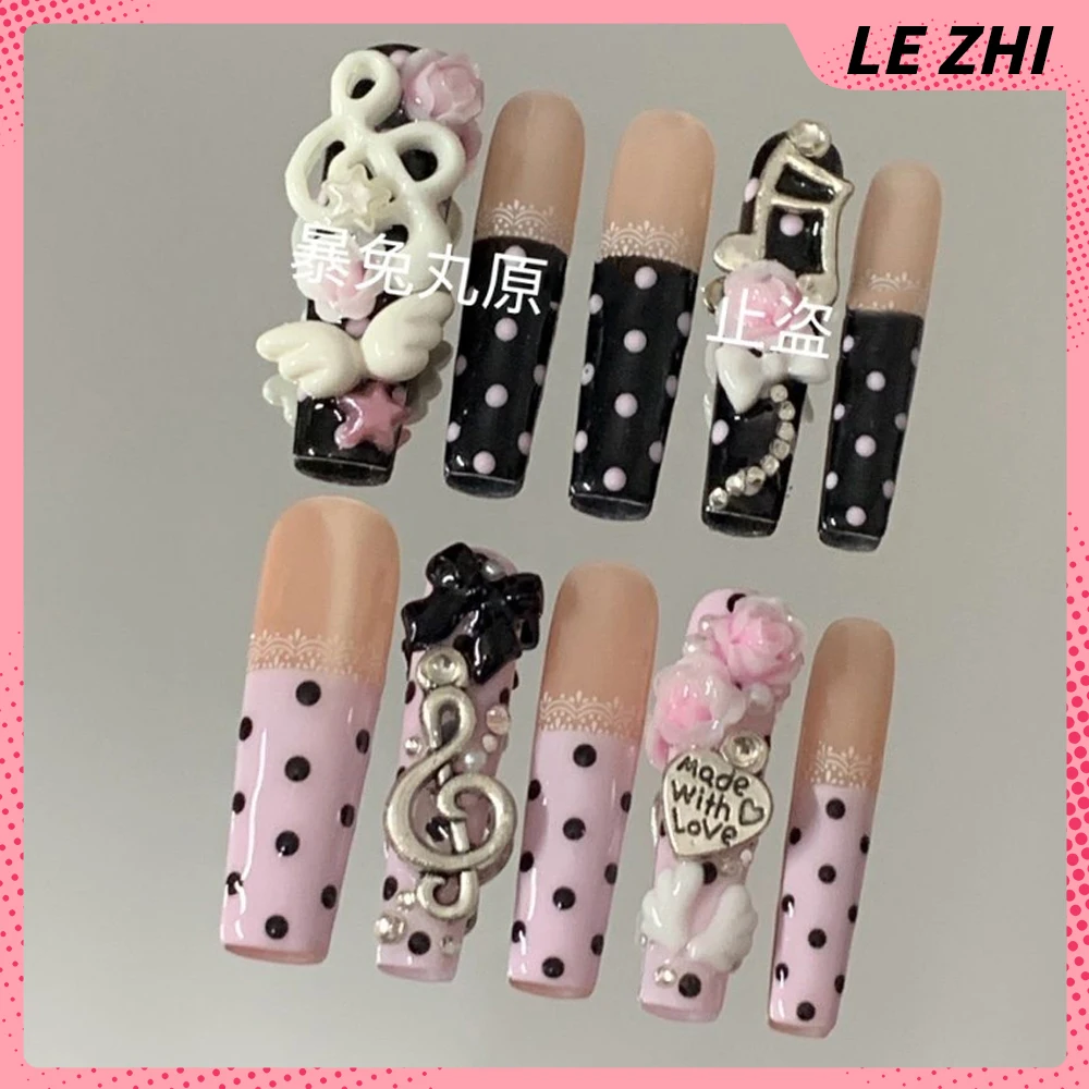 10Pcs Spicy Girl Long Coffin Handmade Press On Nails Rhinestone Flower Polka Point Musical Notes Bowknot Nail Party Sticker Gift - view 5