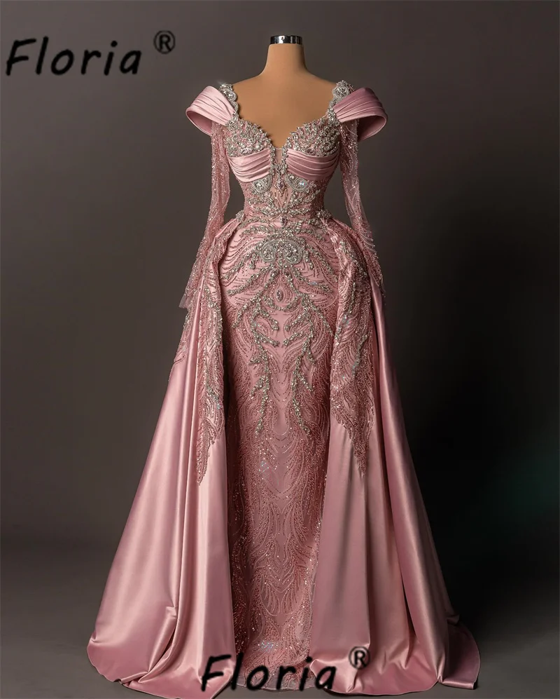 

Luxury Pink Bead Mermaid Prom Dresses Dubai Woman Crystal Lace 3D Heavy Handmade Evening Party Gown Vestido de Noche Customized