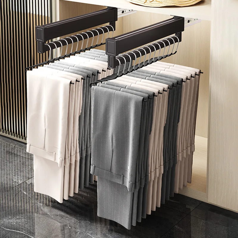 Pants rack pull-out telescopic slide rail wardrobe built-in top installation multi-functional household cloakroom storage