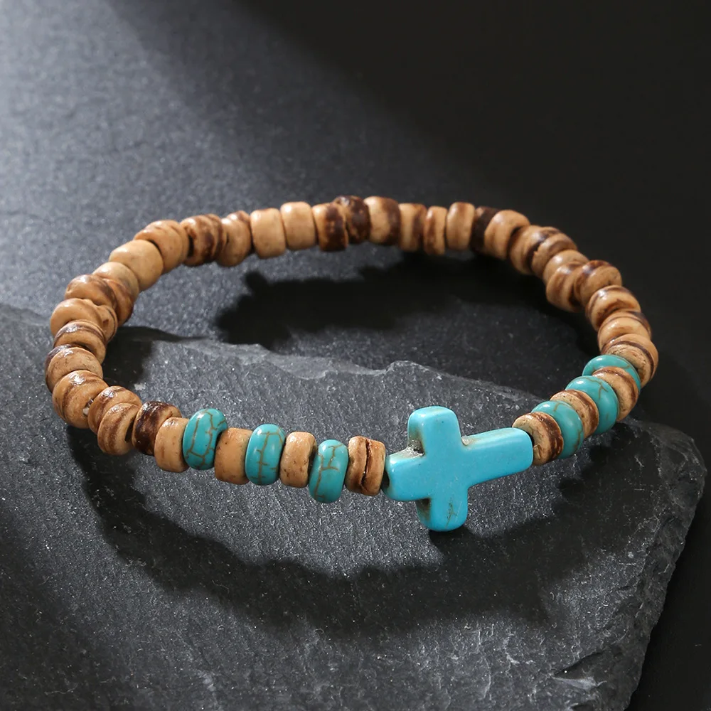 Bohemian Coconut Shell Wood Chips Cross Bracelet For Men Retro Handmade Beaded Jewelry Fashion Accessories Gifts view 3