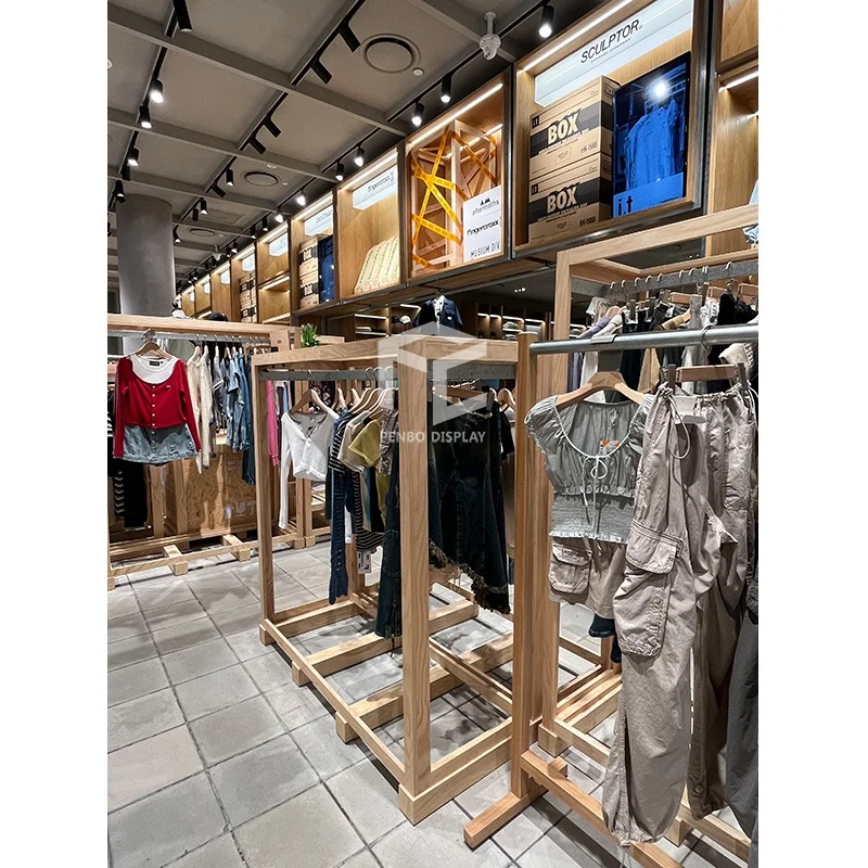 custom.Wood Wall Display Shelf with Hanger Pretty Garment Racks and Clothes Display Stand Retail Clothing Store Furniture