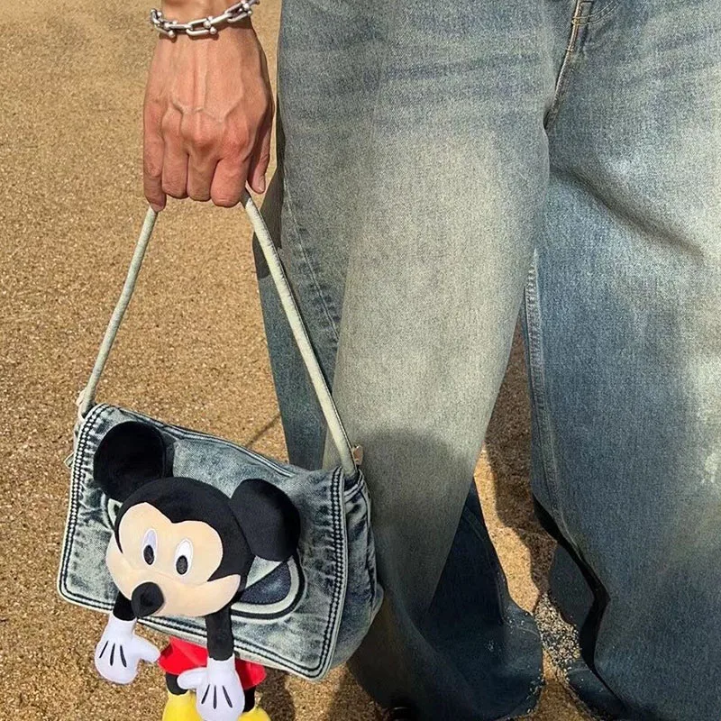 2024 New Cartoon Mickey Mouse Shoulder Bag Cute Cartoon Casual Retro Cowboy 3D Doll Versatile Chain Handbag Toys for Girls Gifts