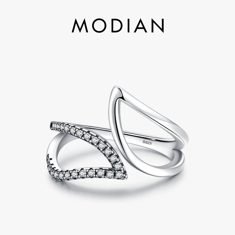 

MODIAN 925 Sterling Silver Exquisite Geometric Line Ring For Women Sparkle Clear Cubic Zirconia Vintage Rings Fine Jewelry