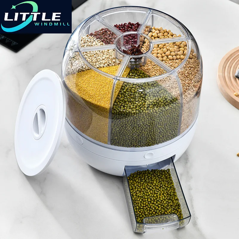 

360 Degree Rotating Rice Dispenser Sealed Dry Cereal Grain Bucket Dispenser Moisture-proof Kitchen Food Container Storage Box