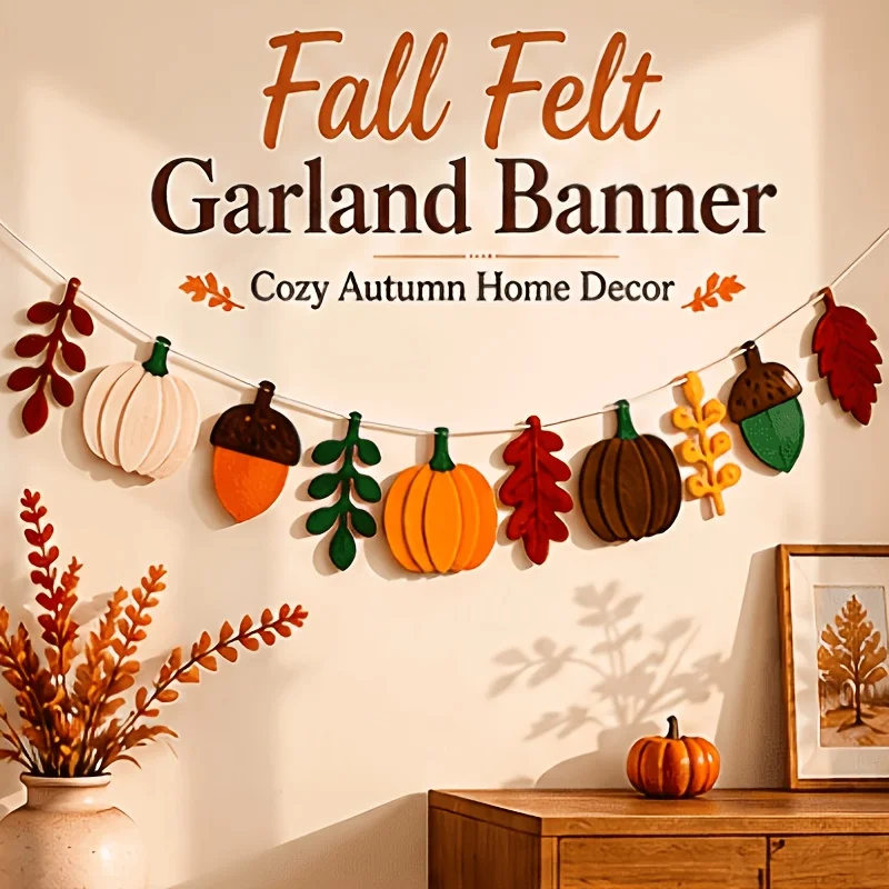 Fall Felt Garland Banner Pumpkin Acorn Maple Leaf Bunting Thanksgiving Harvest Home Mantel Fireplace Wall Hanging Decor