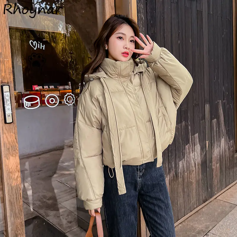 

6 Colors Women Parkas Short Style Winter Loose Lace-up Chic Hooded Korean Fashion Streetwear Overcoats All-match Youth Harajuku