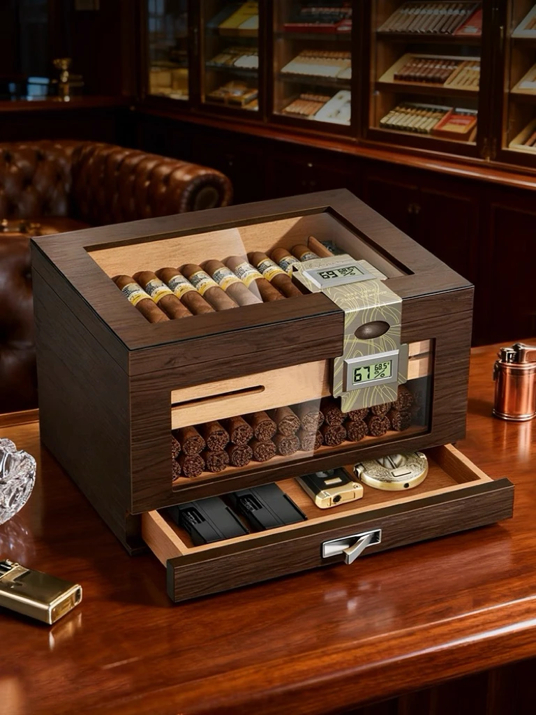 Cedar Wood Double-Layer Cigar Box, Dual Temperature And Humidity Meters, Fully Equipped Large Capacity Cigar Box.