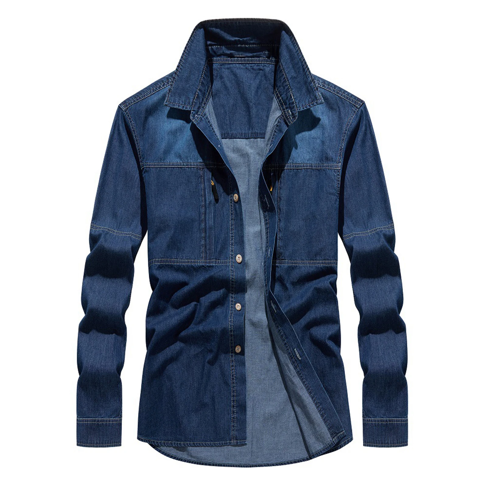 

Однотонная джинсовая рубашка с длинными рукавами, мужская модная классическая джинсовая рубашка в стиле ретро с несколькими карманами, деловая рубашка, весенне-осенние топы, джинсовая куртка, блузка