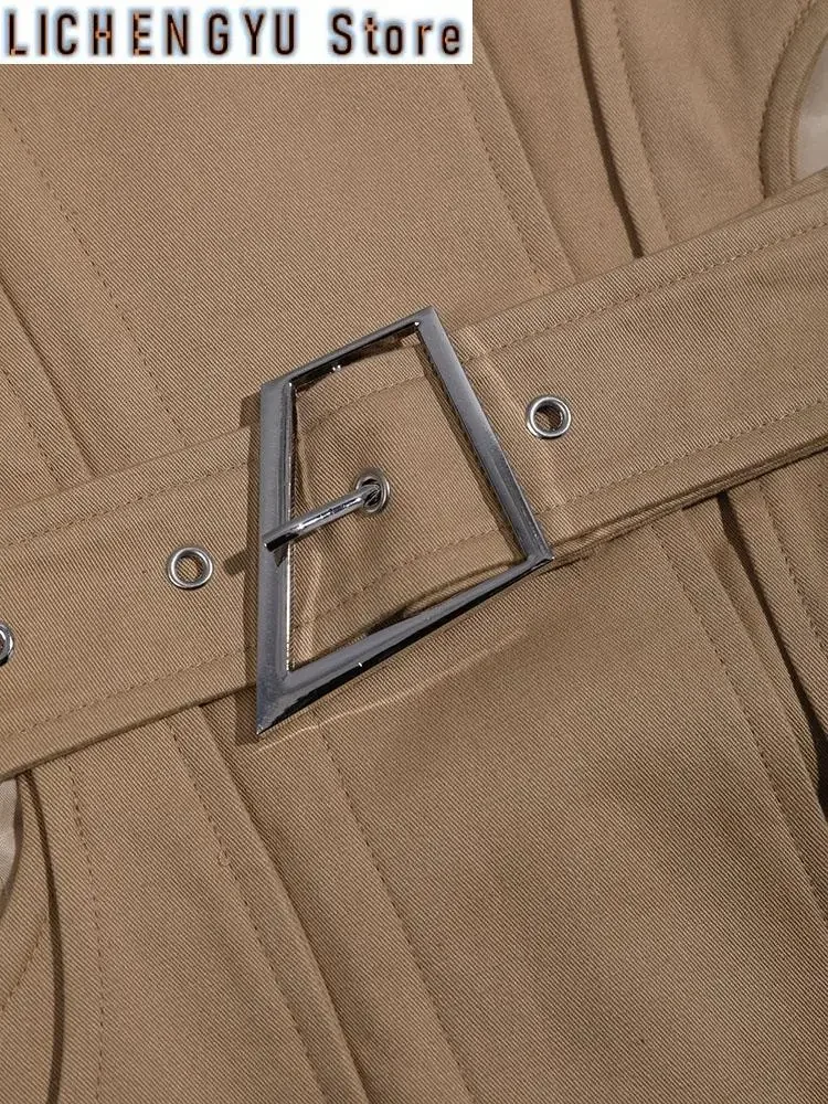 Women Cut-out Big Size Camel Long Trench New Lapel Long Sleeve Loose Fit Windbreaker Fashion Spring Autumn