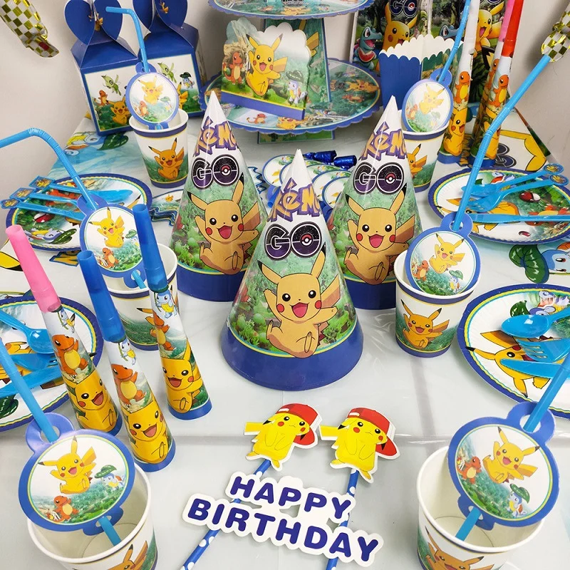 

Pokemon Birthday Party Decoration Disposable Tableware Tablecloth Paper Balloons Dinner Plate Boys Pikachu Characters Supplies