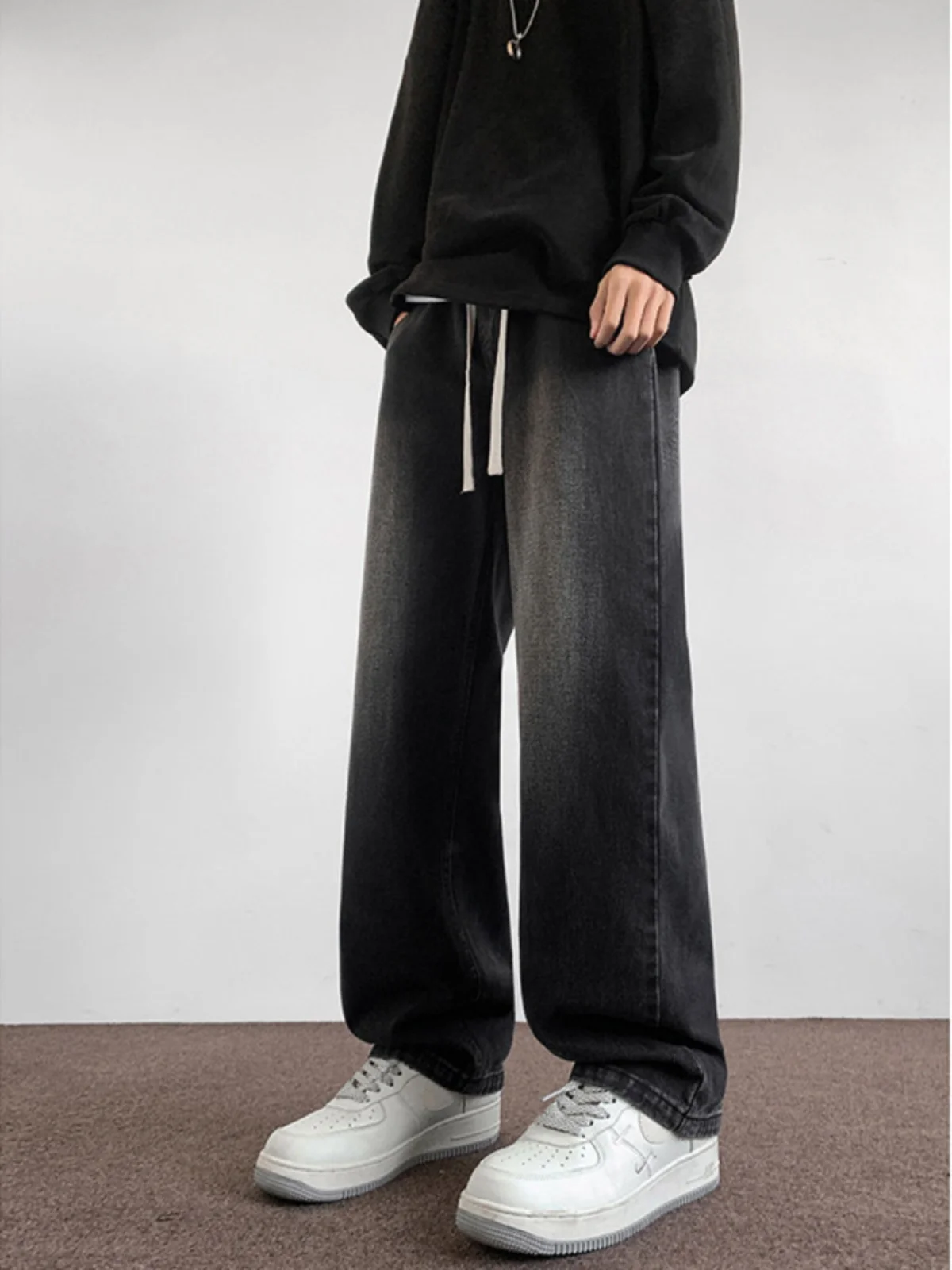 

Bla Elastic Waist Loose Straight Leg Jeans Men's Spring Autumn American Retro Oversize Long Pants Youth Wear Casual Sle