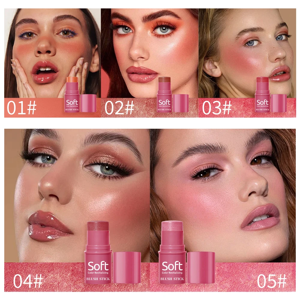 5 Colors Soft Blush Stick Creamy Blendable Cheek Lip Tint Color Revitalizing Long-Lasting Blush Stick for Face Makeup
