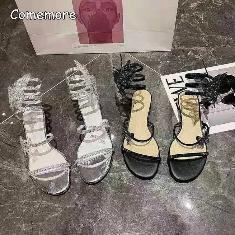 Comemore Summer Crystal Snake Winding Sandals Low Heels 2023 Women Bling Butterfly Roman Sandal Female Sweet Flat Sandals Shoes