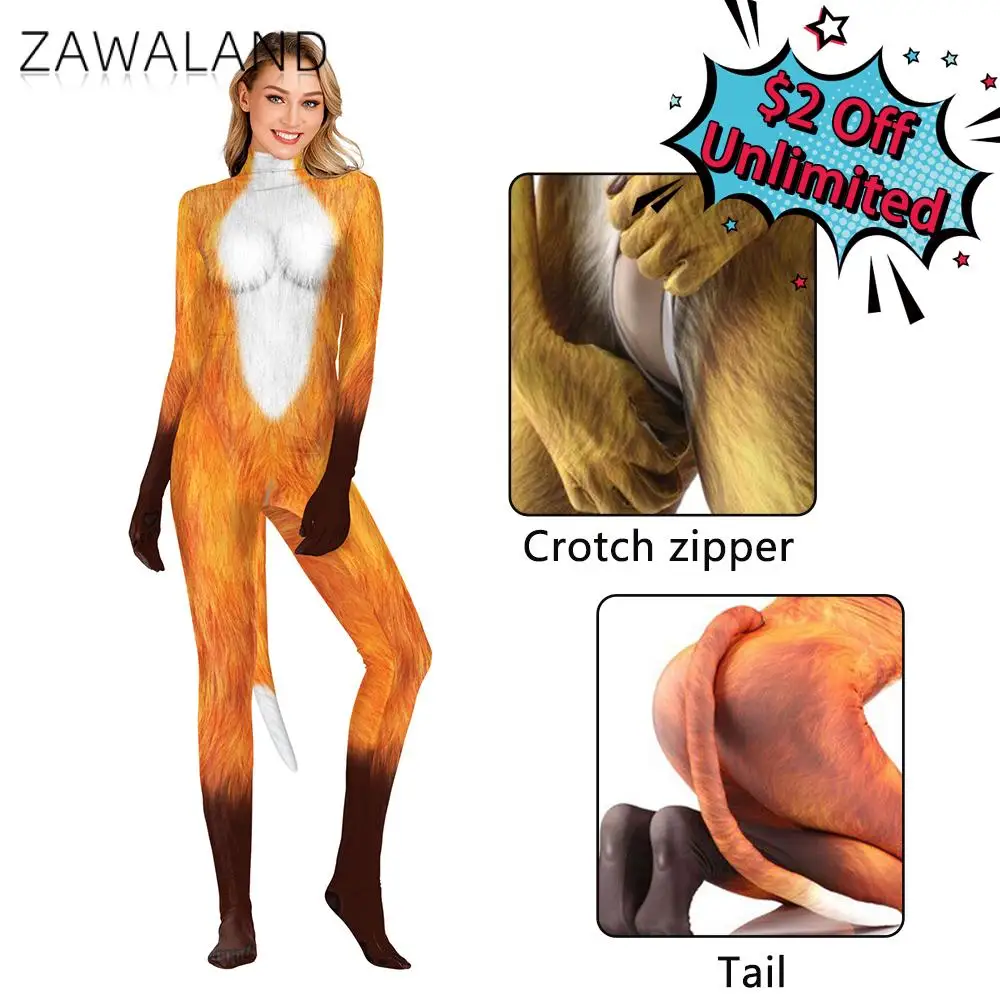 Zawaland-女性のためのハロウィンコスチューム,動物のモチーフ,キツネ,3Dプリント,全身タイツ,セクシー,スリム,ボディスーツ,ファンシードレス