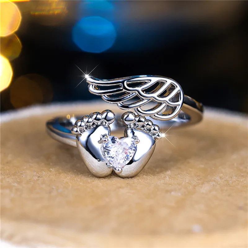 Cute Female Small White Adjustable Open Ring Angel Heart Wing Engagement Wedding Jewelry For Women